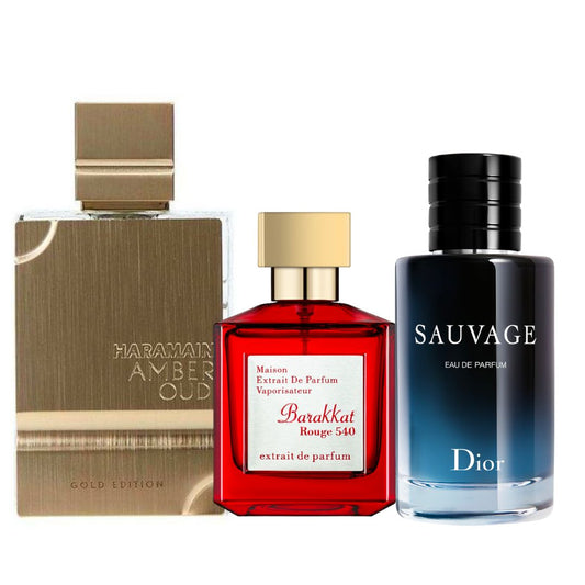 PROMO 66 (AL HARAMAIN AMBER OUD GOLD EDITION 120 ML + SAUVAGE 100 ML + BACCARAT ROUGE 65 ML ) KIT PERFUMES DE NICHO Y ARABES