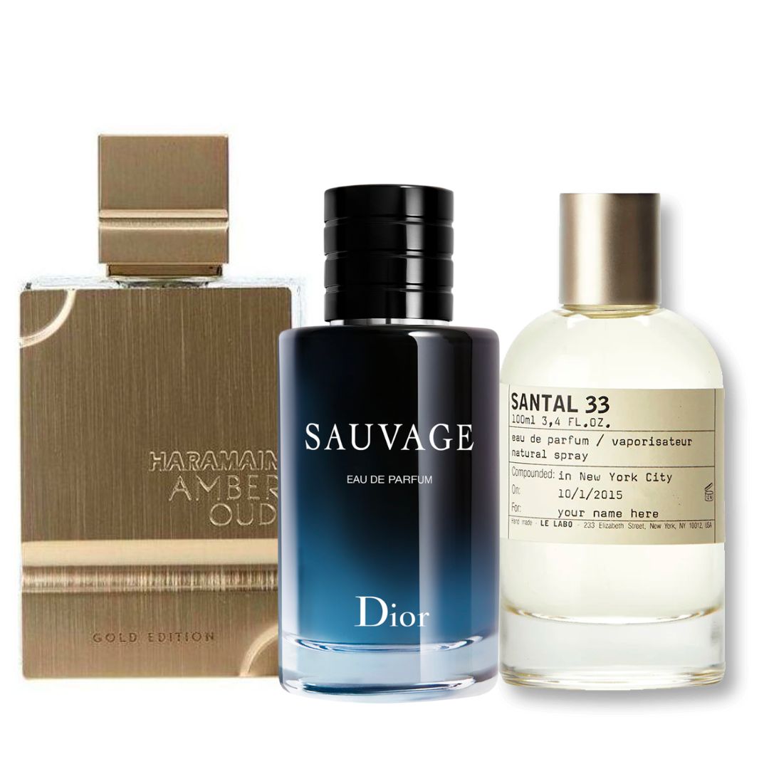 PROMO 69 (AL HARAMAIN AMBER OUD 120 ML + SAUVAGE DIOR 100 ML + SANTAL 33 100 ML ) KIT PERFUMES ARABES Y PERFUMES DE NICHO