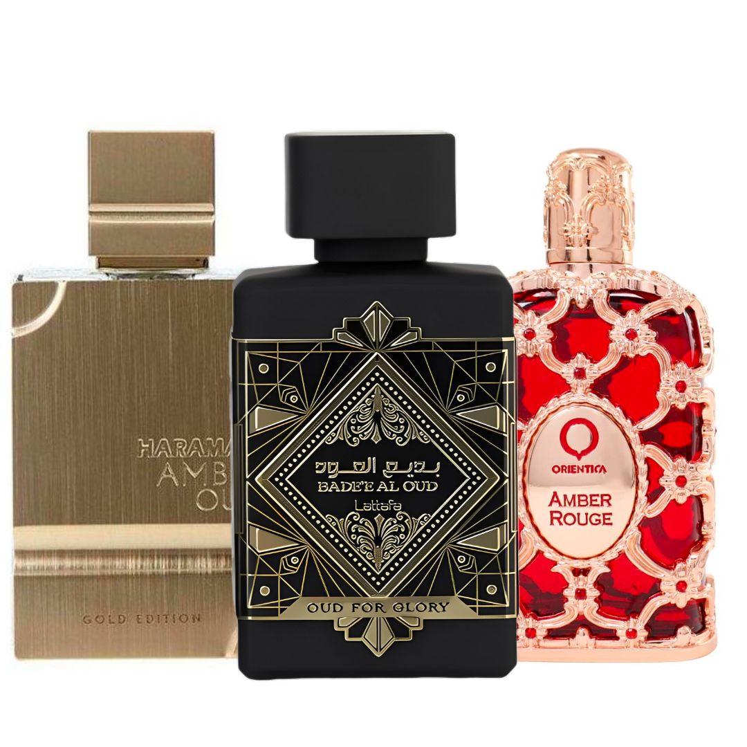 PROMO 70 (AL HARAMAIN AMBER OUD GOLD EDITION 120 ML + OUD FOR GLORY LATAFFA 100ML + ORIENTICA AMBER ROUGE ESTUCHE DE LUJO 100 ML) KIT PERFUMES ARABES DE NICHO