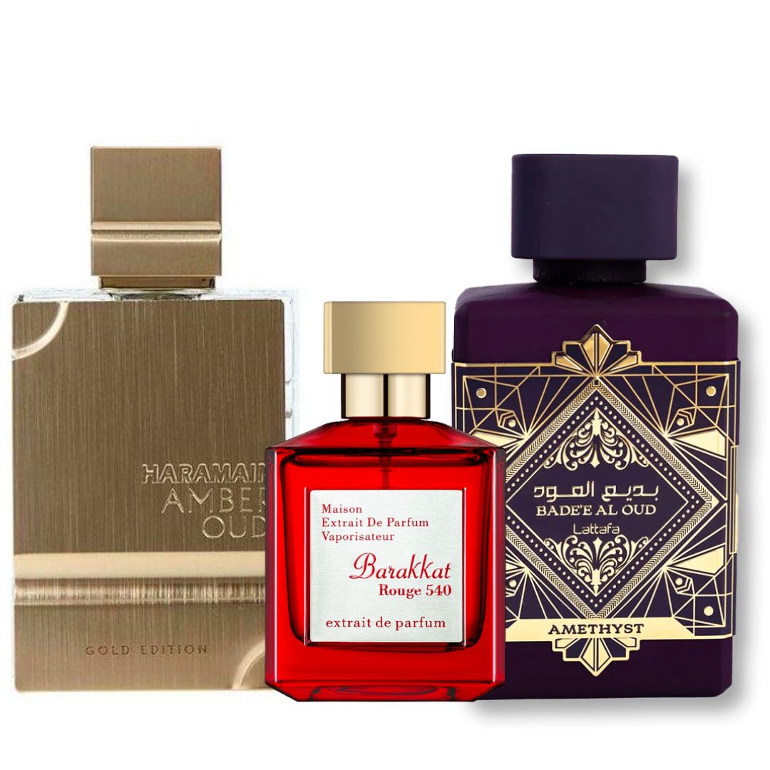 PROMO 71 (AL HARAMAIN AMBER OUD GOLD EDITION 120 ML + BACCARAT ROUGE 65 ML + OUD FOR GLORY LATAFFA 100ML) KIT PERFUMES ARABES NICHO