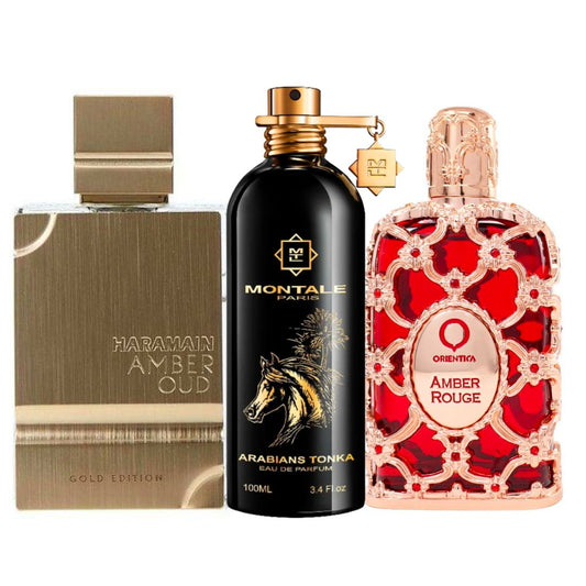 PROMO 65 (AL HARAMAIN AMBER OUD 120 ML + MONTALE ARABIANS TONKA 100 ML + ORIENTICA AMBER ROUGE 100 ML EN ESTUCHE DE LUJO) KIT PERFUMES ARABES Y DE NICHO